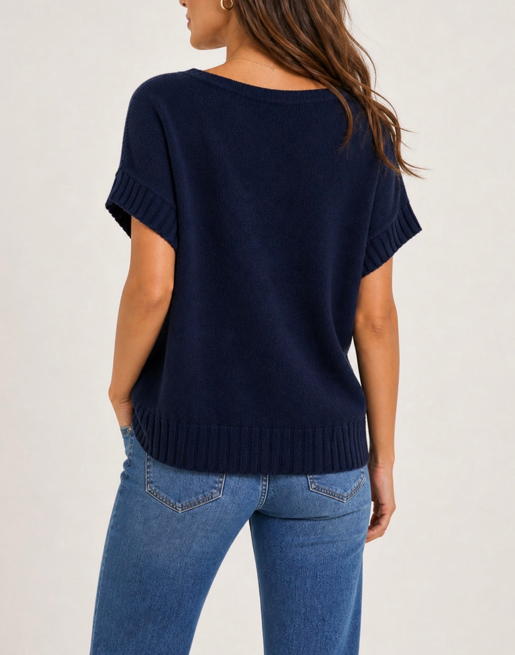 V-Neck Ribbed Hem Boxy Jumper - Navy