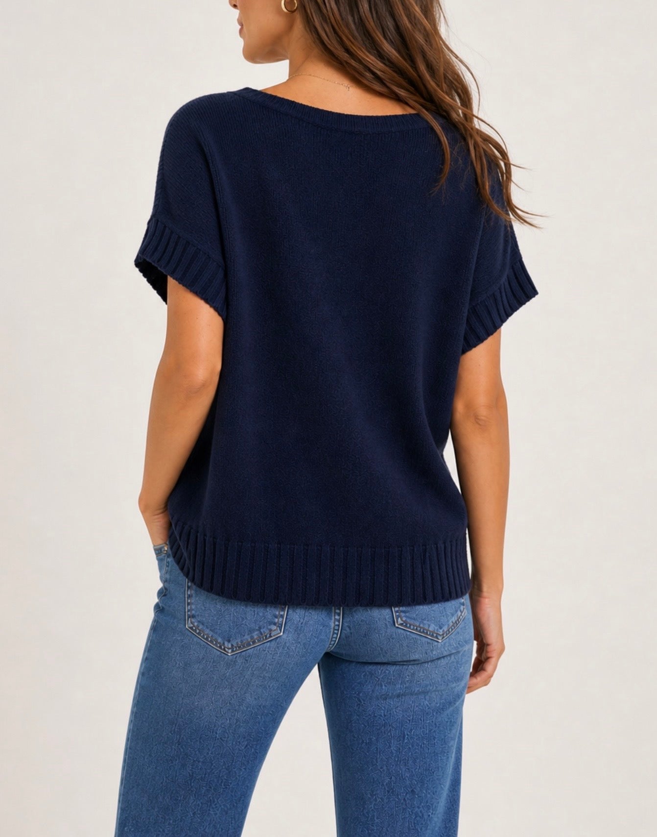V-Neck Ribbed Hem Boxy Jumper - Navy