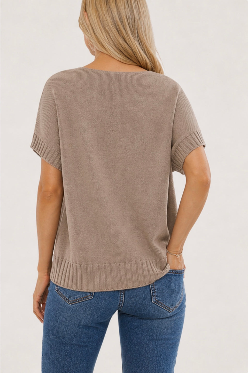 V-Neck Ribbed Hem Boxy Jumper - Mocha