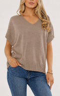 V-Neck Ribbed Hem Boxy Jumper - Mocha