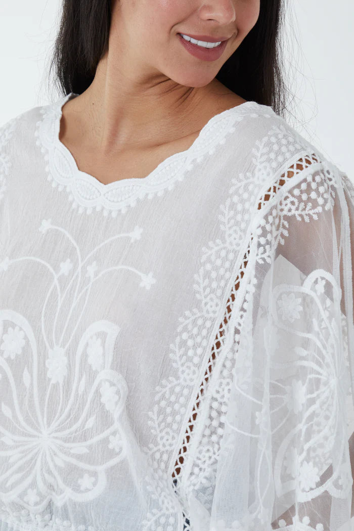Lace Butterfly Sleeve Top - White