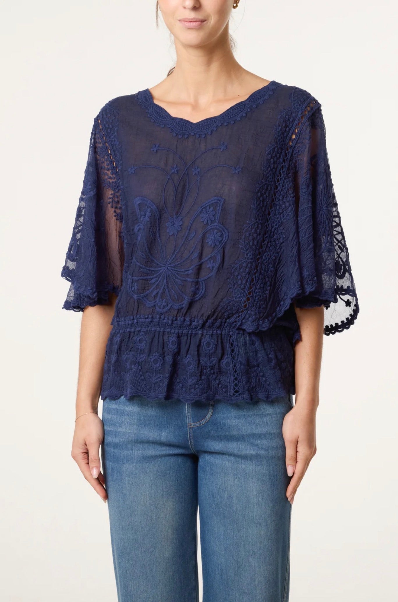 Lace Butterfly Sleeve Top - Blue