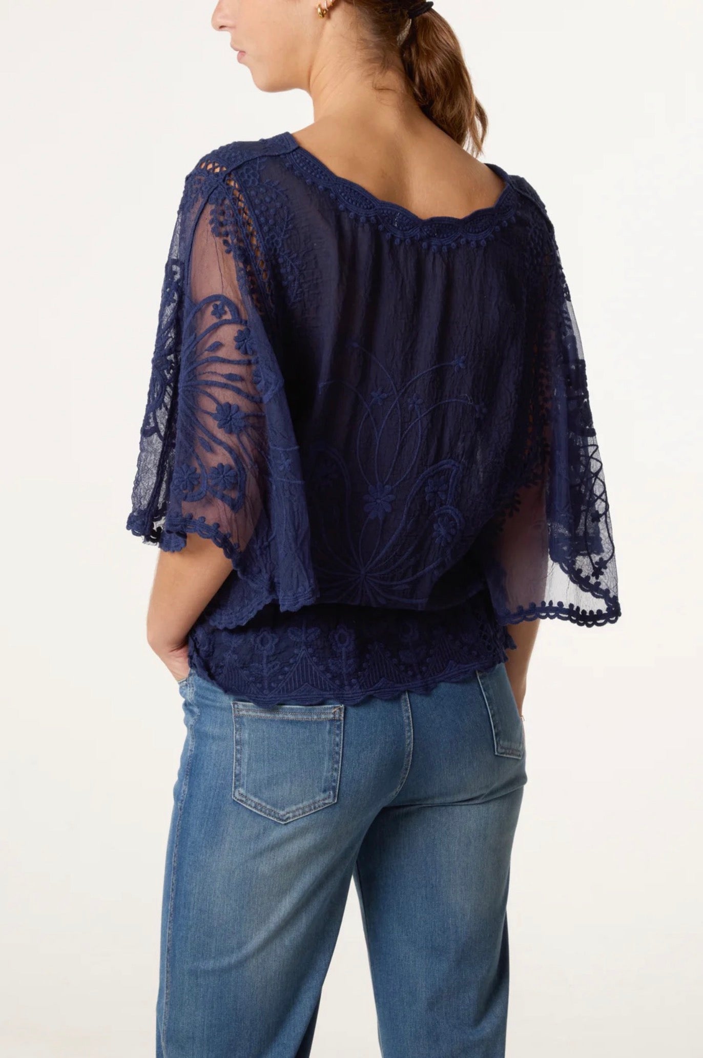 Lace Butterfly Sleeve Top - Blue