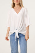 V-Neck Front Knot Top - White