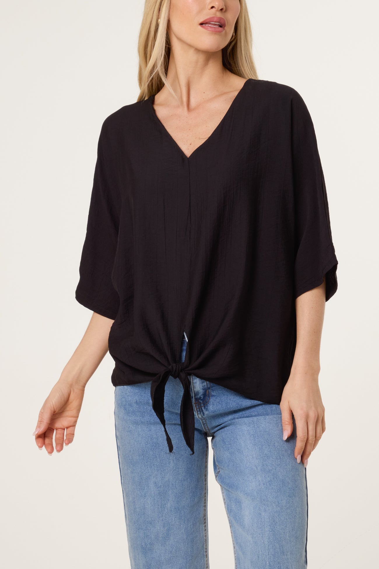 V-Neck Front Knot Top - Black