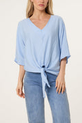 V-Neck Front Knot Top - Light Blue
