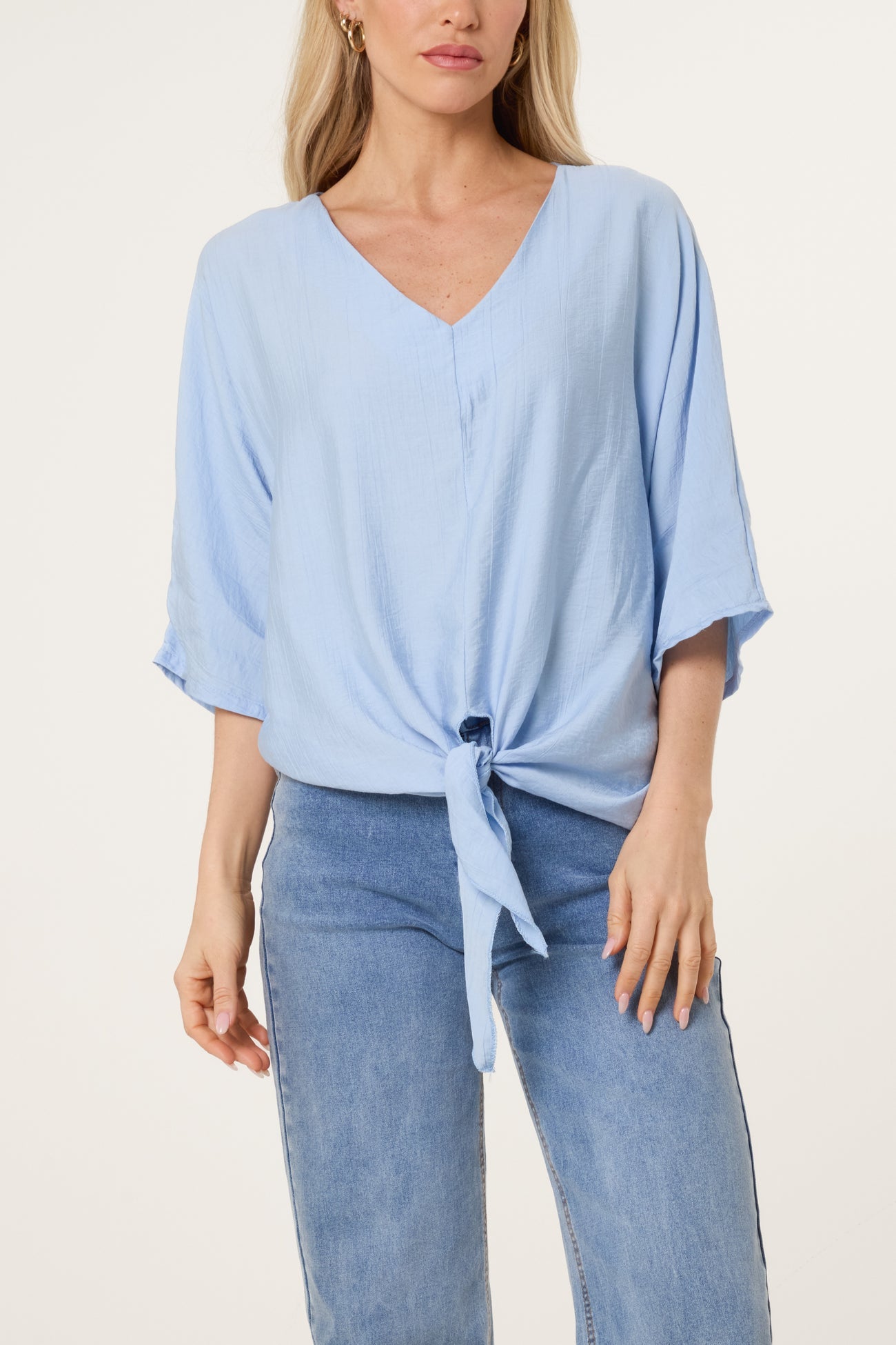 V-Neck Front Knot Top - Light Blue