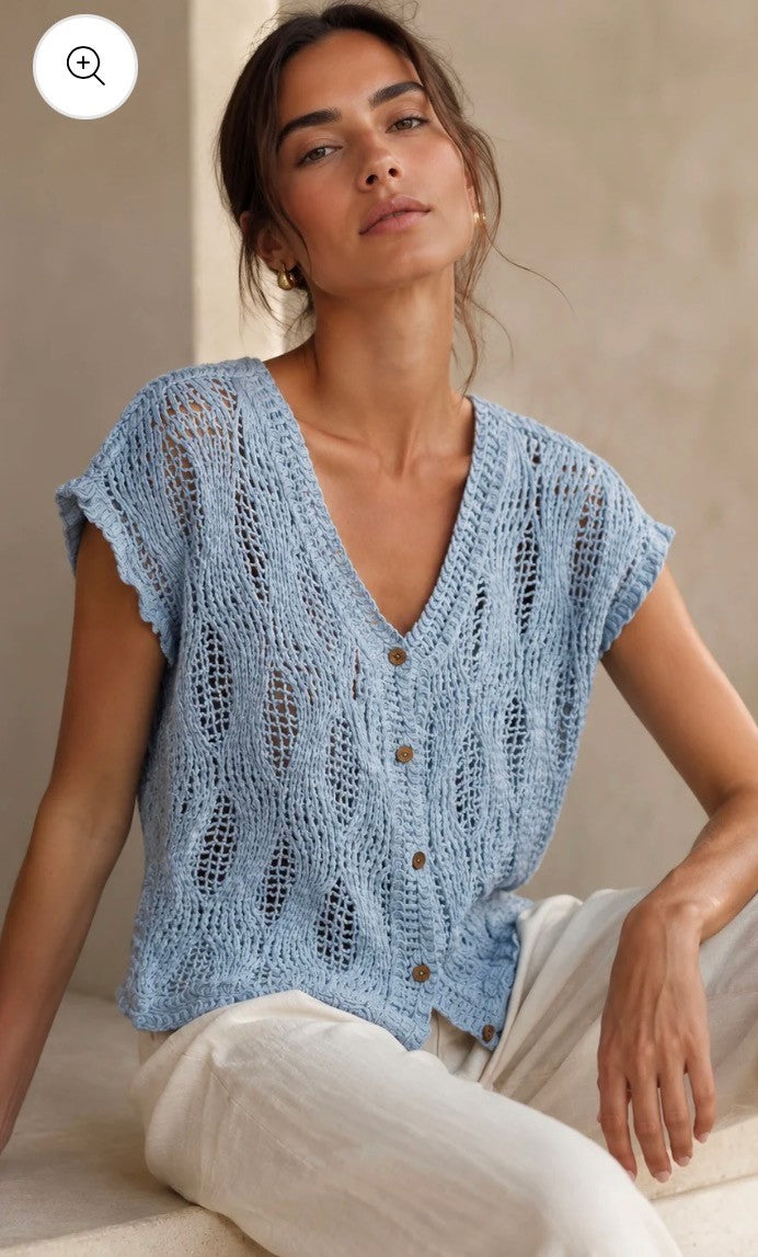 Mila Crochet Button Knit - Baby Blue