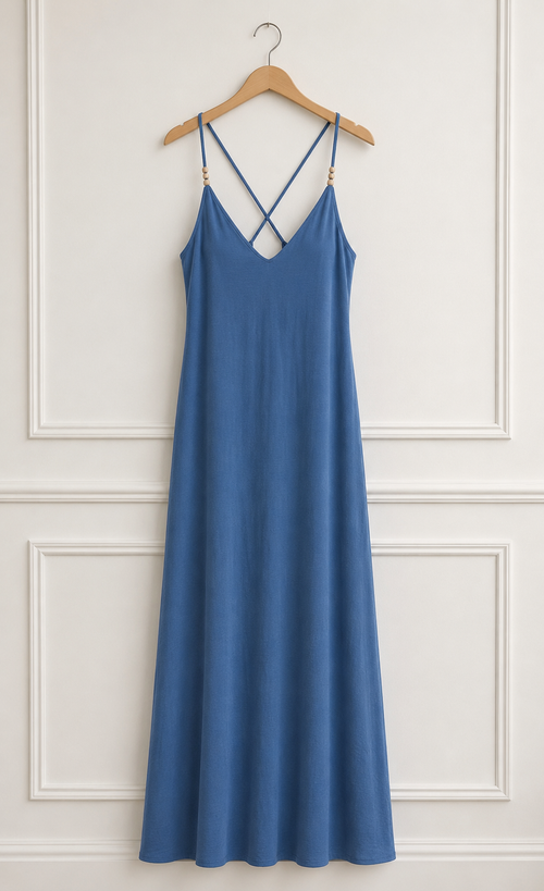 Ariel Cross Back Beaded Maxi Dress - Denim Blue
