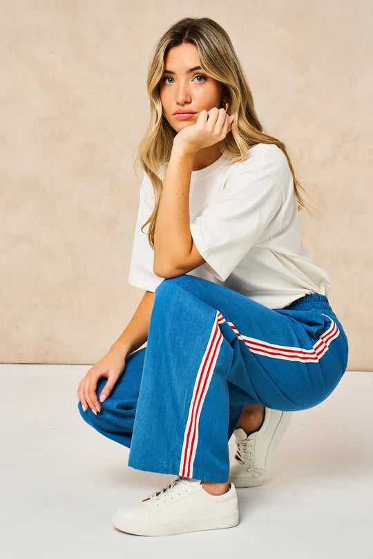 Striped Trim Wide Leg Trousers - Denim Blue