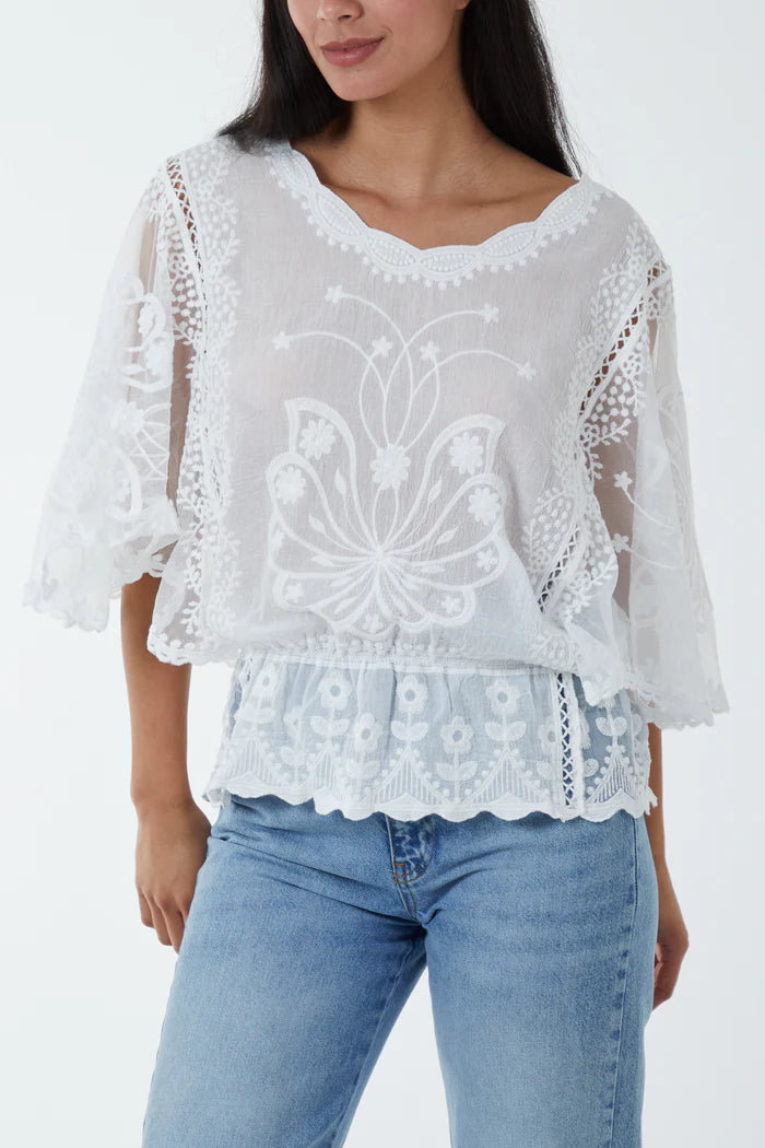 Lace Butterfly Sleeve Top - White