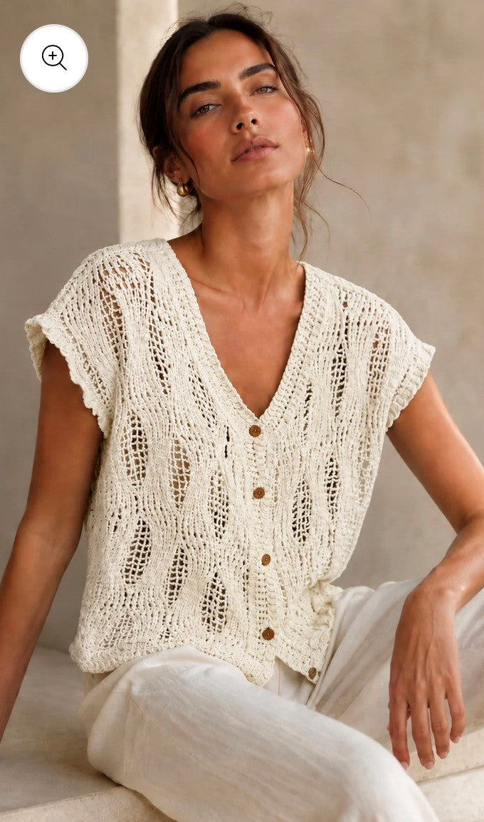 Mila Crochet Button Knit - Cream