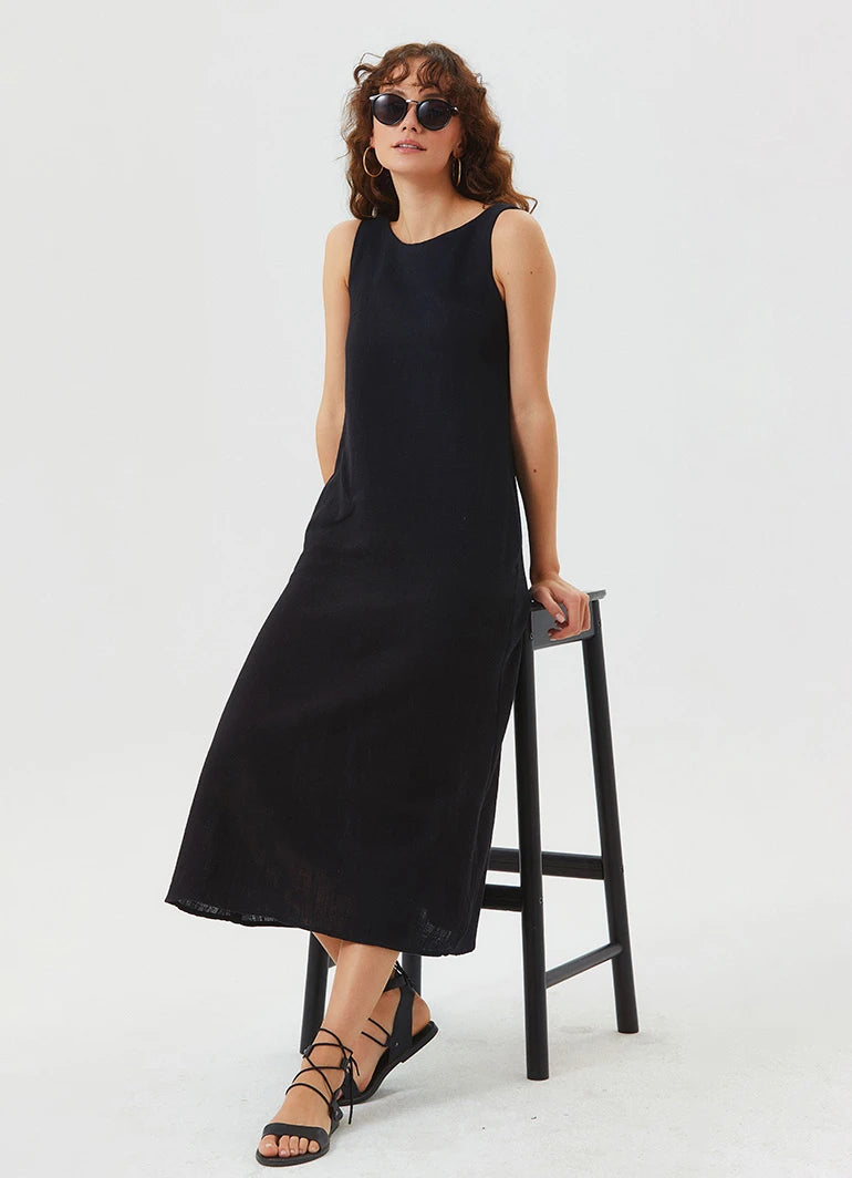Clandestino - Round Neck Boho Shift Dress with Tie Closure In Black