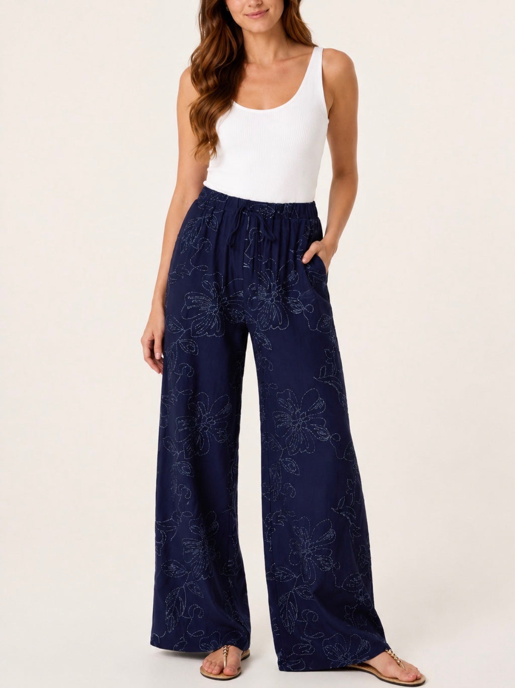 Navy Luxe Floral Trouser
