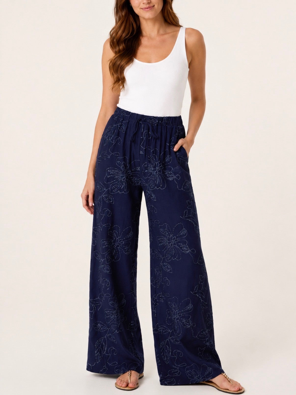 Navy Luxe Floral Trouser