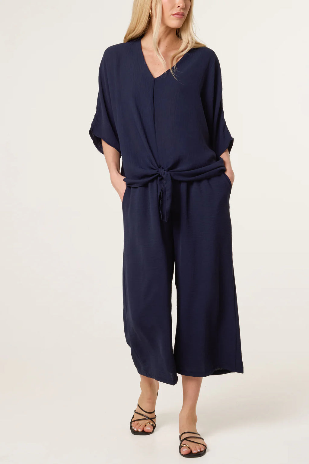 V Neck Front Knot Top and Trouser Set