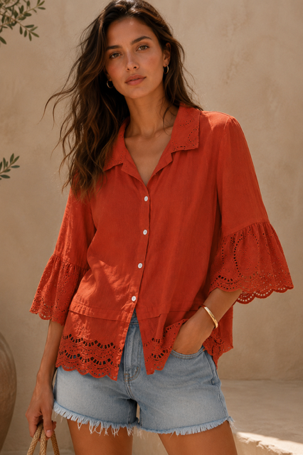 The Amara Broderie Shirt In Rust