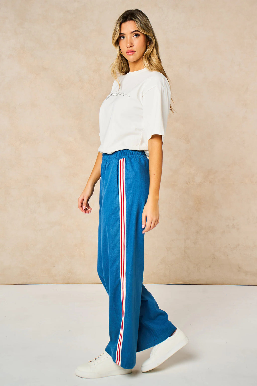 Striped Trim Wide Leg Trousers - Denim Blue